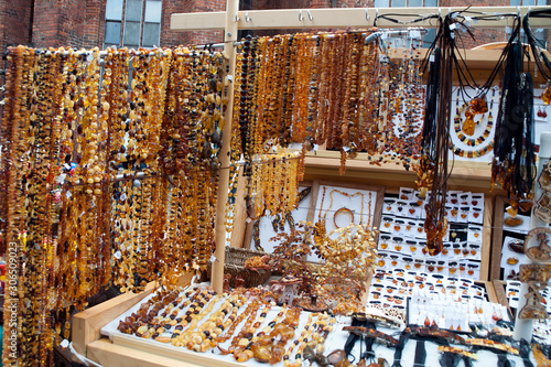 Riga Latvia, market stall selling amber jewelry