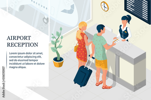 A woman and a man with a suitcase are buying plane tickets. Boarding the plane. Isometric airport interior design. Landing page Web banner, template for design and promotion. Vector illustration.