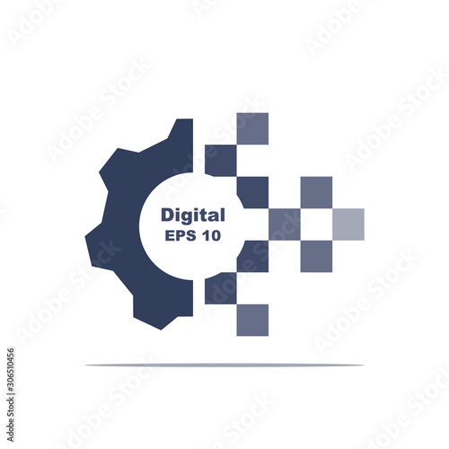 Digital transformation icon. Gray gear. Technology concept. Electronic information. Vector illustration flat design. Isolated on white background. Monochrome logo, glyph silhouette icon.