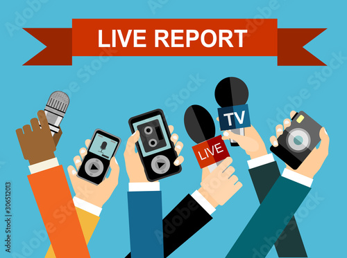 Journalism concept vector illustration in flat style.Vector live report concept, live news, hands of journalists with microphones, camera and tape recorders