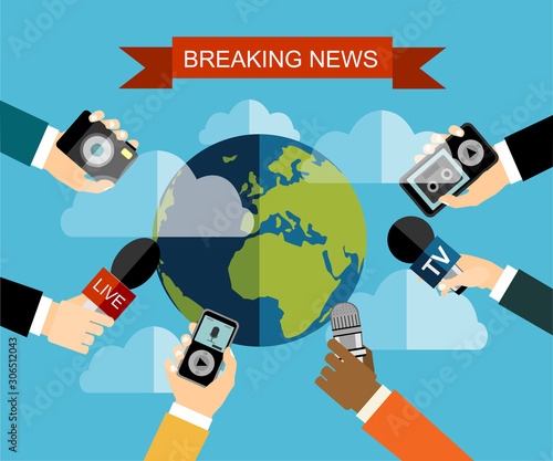 Journalism concept vector illustration in flat style.Vector live report concept, live news, hands of journalists with microphones, camera and tape recorders