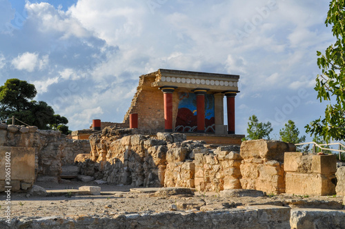 Columns in an ancient structure in the historical city of Knossos