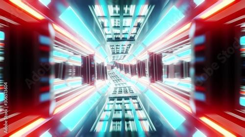 futuristic glass tunnel with glowing lights and reflections 3d rendering wallpaper background