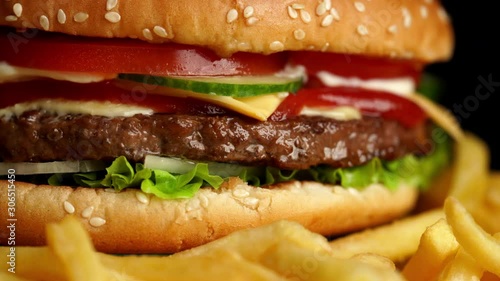 Yummy fast food concept. Fresh homemade grilled burger with meat patty