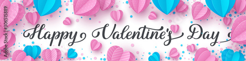 Happy Valentines day handwritten lettering text. Horizontal banner decorated paper cut pink and blue hearts with envelope on white background. Vector illustration.