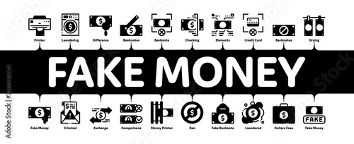 Fake Money Minimal Infographic Web Banner Vector. Bandit Silhouette And Pencil, Printing And Laundering Money Dollar Concept Illustrations