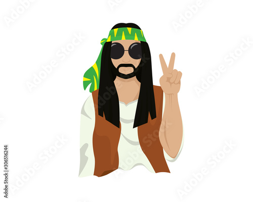 Hippie Man Fashion with Peace Hand Sign Symbol Illustration