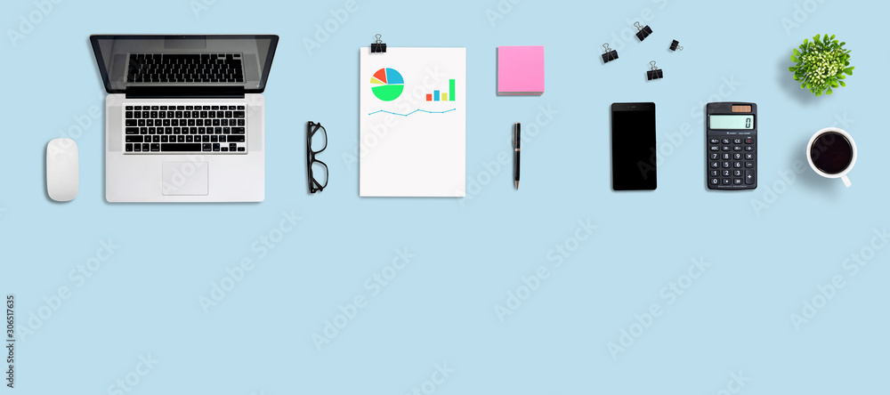 Top view office desk and supplies, with copy space. Creative flat lay photo of workspace desk/Panoramic background Top view office desk and supplies, with copy space. Creative flat lay photo of workspace desk/Panoramic background
