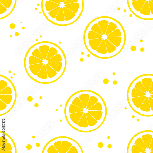 Seamless pattern with slices of lemon. Lemon and polka dot vector background.