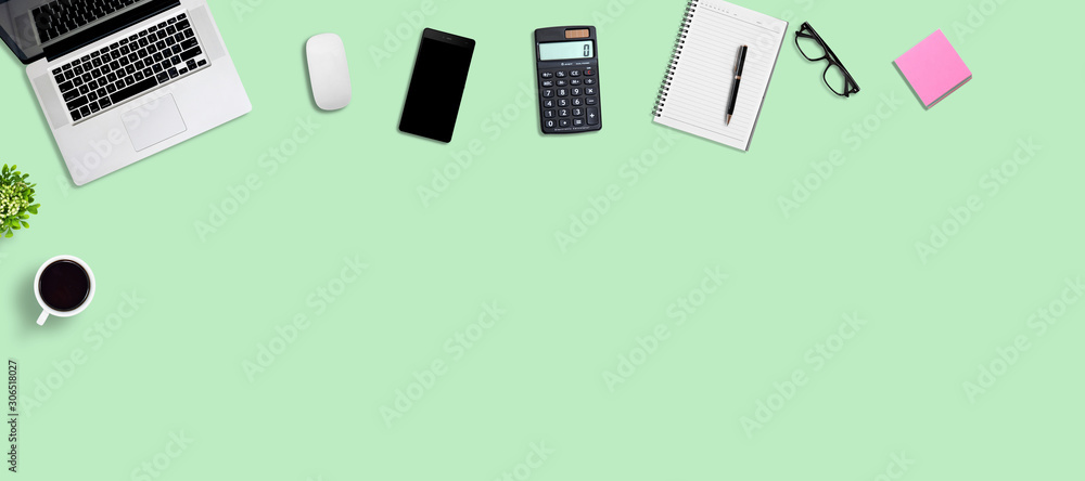 Top view office desk and supplies, with copy space. Creative flat lay photo of workspace desk/Panoramic background Top view office desk and supplies, with copy space. Creative flat lay photo of workspace desk/Panoramic background