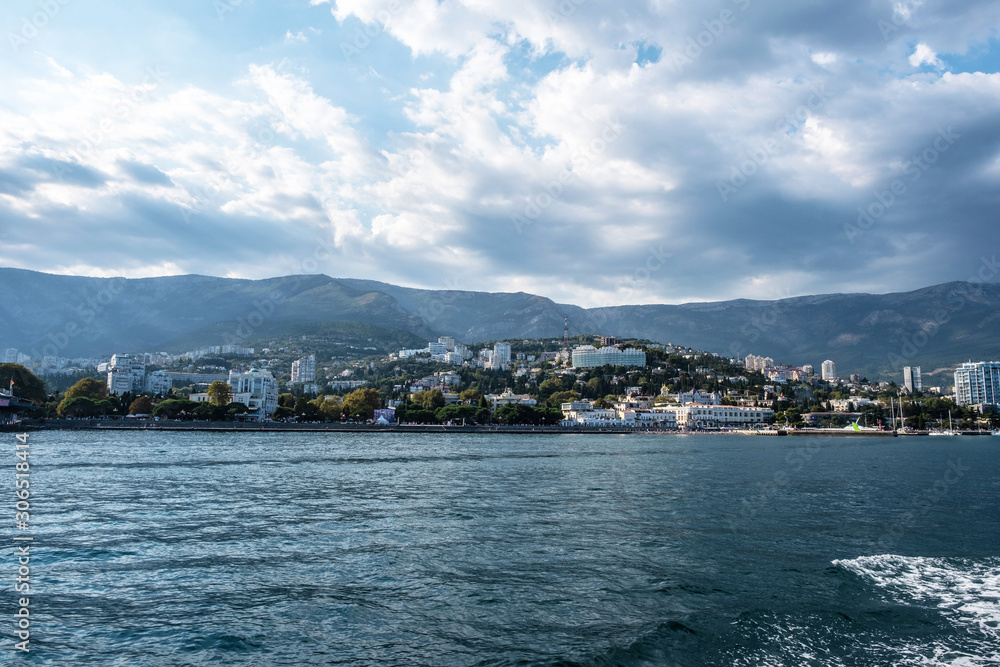 View from the sea to the city of Yalta on the southern coast of Crimea.