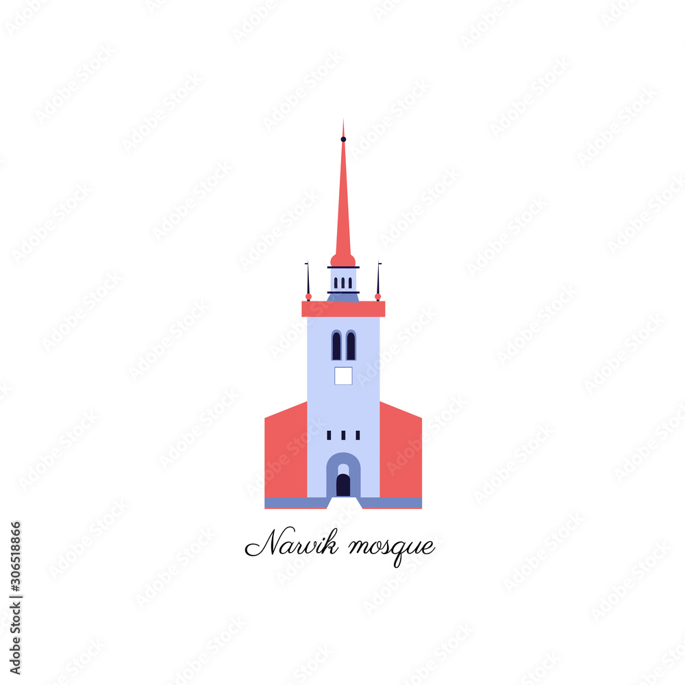 Norway travel cartoon vector norwegian landmark Narvik Cathedral isolated on white, travel nordic element, Scandinavian decorative sign flat style urban landscape for design european building