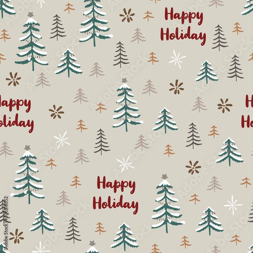 Seamless pattern with winter forest in colourful pastel backdrop winter landscape, mountains, forest and snow with lettering happy holiday. Surface design for wintery holiday.