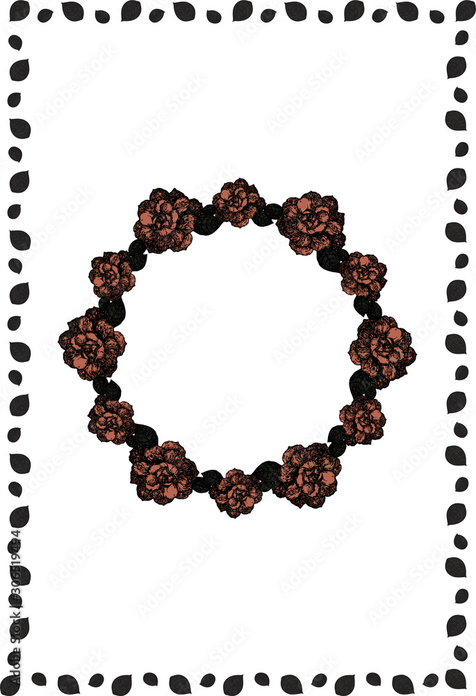 Template for postcards and invitations. Wreath of delicate pink roses on a white background with a frame of leaves. Vector. Template for postcards and invitations. Wreath of delicate pink roses on a white background with a frame of leaves. Vector.