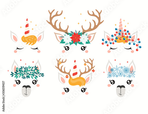Christmas set with cute unicorn, llama, reindeer faces, in flower wreaths. Isolated objects on white. Hand drawn vector illustration. Flat style design. Concept holiday print, card, invite, gift tag.