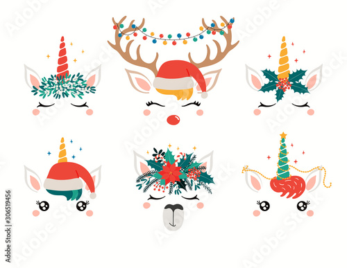 Christmas set with cute unicorn, llama, reindeer faces, in flower wreaths. Isolated objects on white. Hand drawn vector illustration. Flat style design. Concept holiday print, card, invite, gift tag.