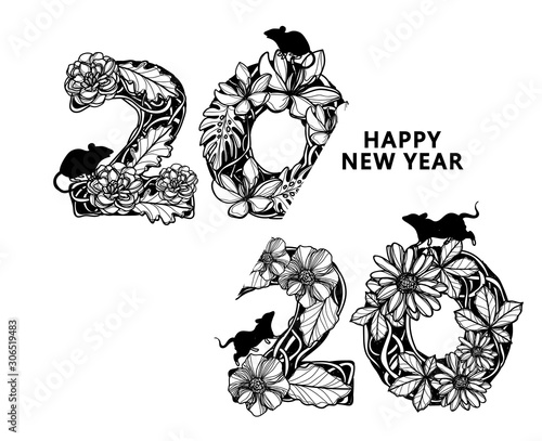 Happy New Year 2020 flower drawing and sketch black and white isolated on white background.