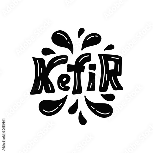 Carved silhouette poster. Cartoon lettering kefir with isolated flying spray. Flat template of probiotic milk product. Hand drawn vector concept. Cutout black illustration for emblem