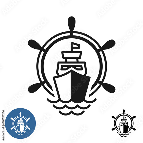 Ship logo with wheel and sea waves. Ocean cruises or cargo shipping concept sign. Ship helm silhouette with yacht boat.