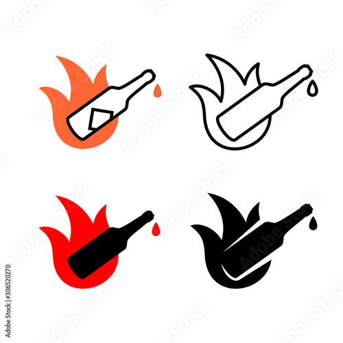 Hot sauce logo. Chili or other hot spice bottle badge with fire flames and drop. Spicy icon design. Adjustable stroke width.