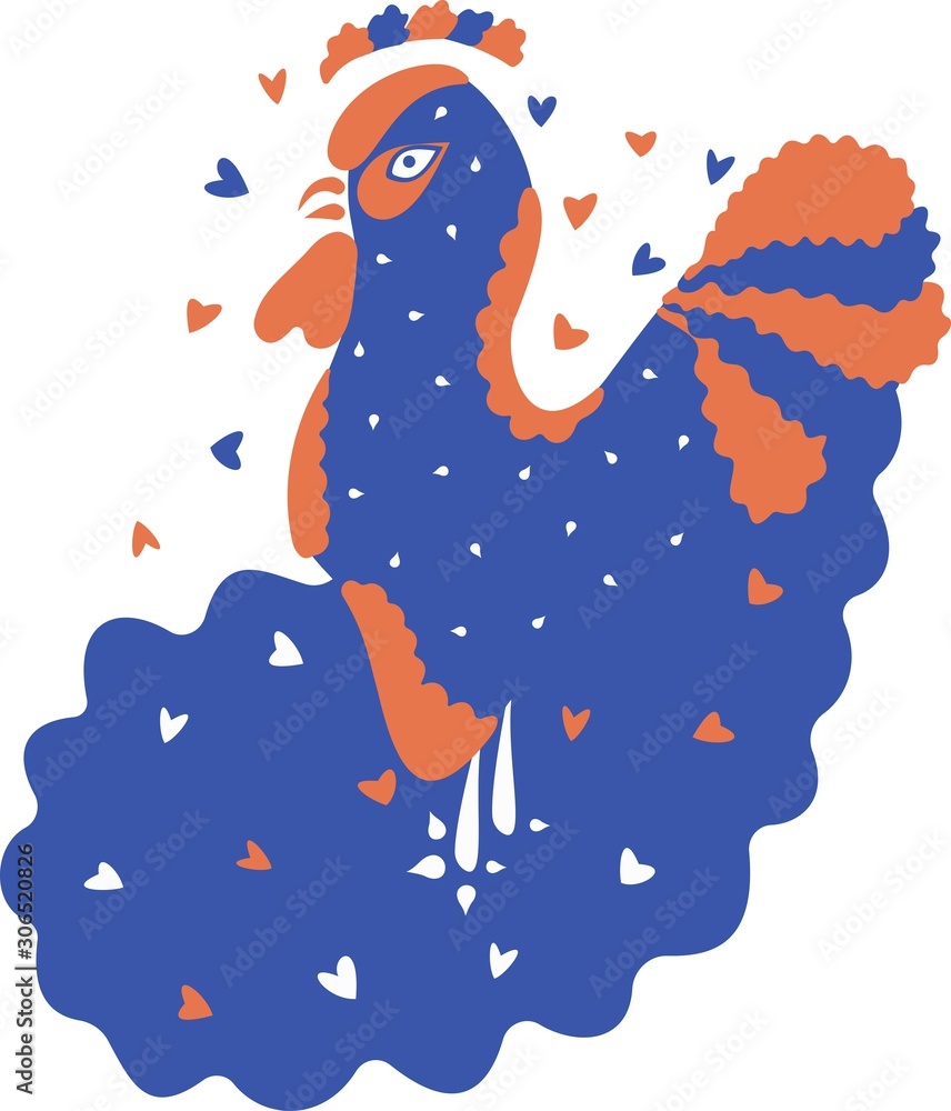 Flat composition of an abstract rooster on a wavy background with hearts. Vector. Flat composition of an abstract rooster on a wavy background with hearts. Vector.