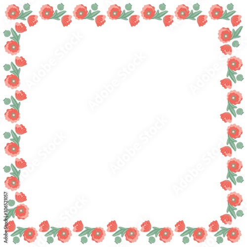 Square frame of poppies without stems on a white background. Vector.
