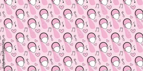 Seamless pattern. Heads of women in headphones, musical notes, hearts on a pink background. Vector.