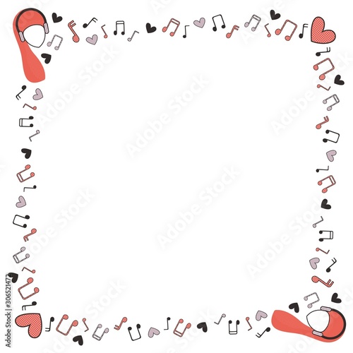 Square colorful frame of musical notes, hearts and women's heads in headphones on a white background. Vector.