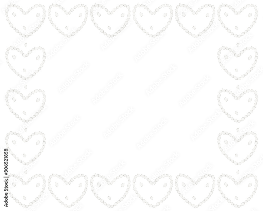 Rectangular black and white frame of strawberries in the shape of hearts. Coloring page. Vector.