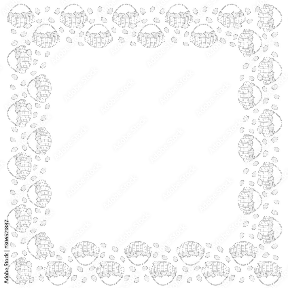 Black and white square frame of baskets with strawberries and strawberries outside. Coloring page. Vector.