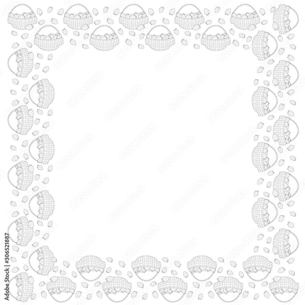 Black and white square frame of baskets with strawberries and strawberries outside. Coloring page. Vector. Black and white square frame of baskets with strawberries and strawberries outside. Coloring page. Vector.