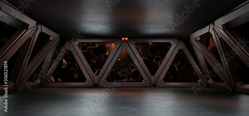 sci fi  corridor with view of space galaxy 3d rendering