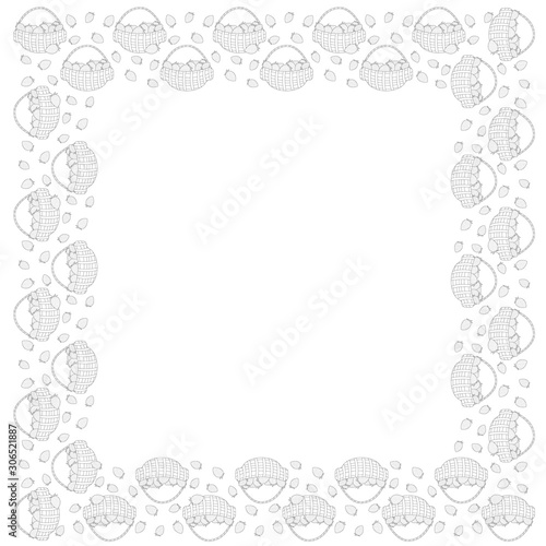 Black and white square frame of baskets with strawberries and strawberries outside. Coloring page. Vector.