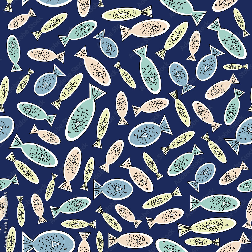 Vector Blue Orange Yellow Green Fish on Navy Blue Background Seamless Repeat Pattern. Background for textiles, cards, manufacturing, wallpapers, print, gift wrap and scrapbooking. Vector Blue Orange Yellow Green Fish on Navy Blue Background Seamless Repeat Pattern. Background for textiles, cards, manufacturing, wallpapers, print, gift wrap and scrapbooking.