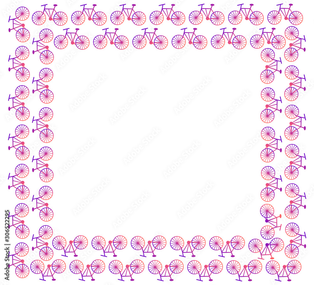 A square frame of bicycles drenched in a purple-orange gradient on a white background. Vector.