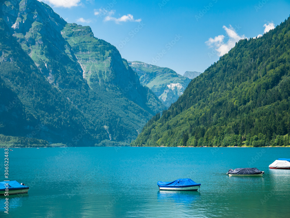 Stunning view of Kloentaler lake in Summer