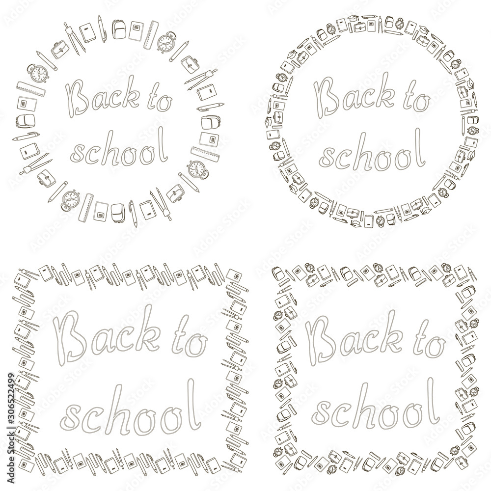 Set of 4 black and white isolated banners. Back to school. The inscriptions are surrounded by square and round frames of school supplies. Vector.