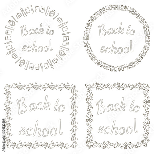 Set of 4 black and white isolated banners. Back to school. The inscriptions are surrounded by square and round frames of school supplies. Vector.