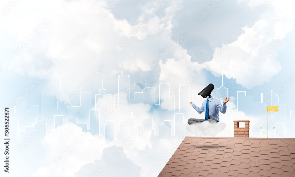 Concept of security and privacy protection with camera headed man meditating Concept of security and privacy protection with camera headed man meditating