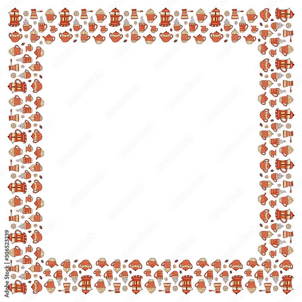 Square isolated frame made of mugs of coffee, tea and cappuccino, a jugs of milk, coffee beans, a pieces of sugar, halves and a slices of lemon, sugar bowls, teapots, French Presses and cezve. Vector. Square isolated frame made of mugs of coffee, tea and cappuccino, a jugs of milk, coffee beans, a pieces of sugar, halves and a slices of lemon, sugar bowls, teapots, French Presses and cezve. Vector.