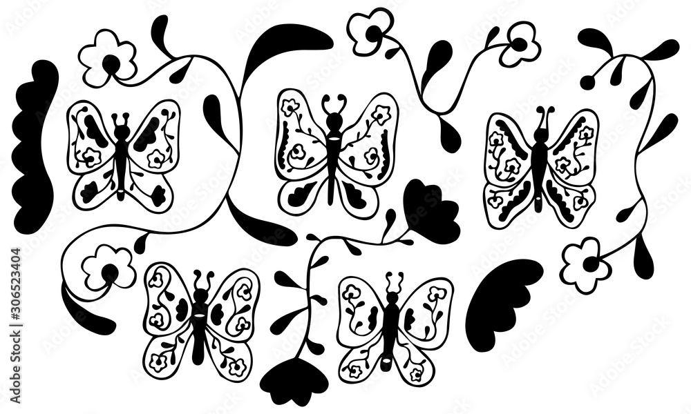 Black and white set of 5 abstract butterflies with patterns inside, 4 unusual flowers and 2 wavy shapes. Isolated hand-drawn design elements. Vector. Black and white set of 5 abstract butterflies with patterns inside, 4 unusual flowers and 2 wavy shapes. Isolated hand-drawn design elements. Vector.