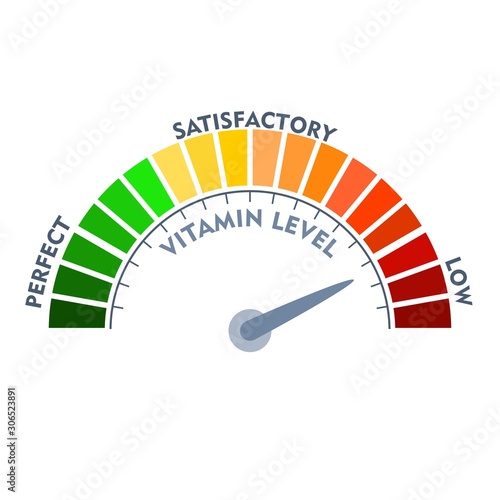Color scale with arrow from green to red. Vitamin level measuring device icon. Sign tachometer, speedometer, indicators. Colorful infographic gauge element