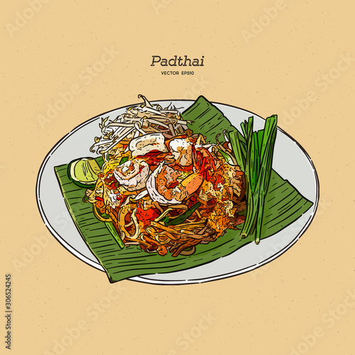 Noodle padthai food thailand in the dish. hand draw sketch vector. photo