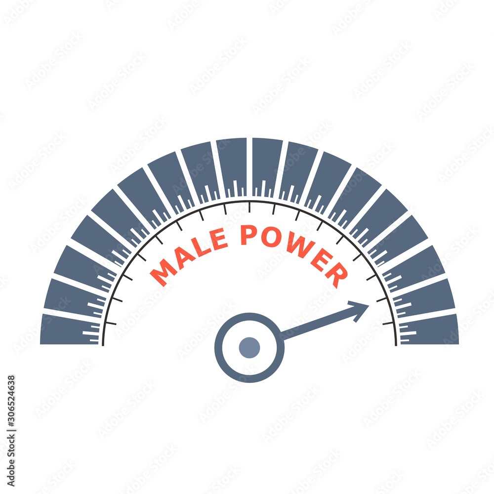 Scale with arrow. The male power level measuring device icon. Sign tachometer, speedometer, indicators. Infographic gauge element. Scale with arrow. The male power level measuring device icon. Sign tachometer, speedometer, indicators. Infographic gauge element.
