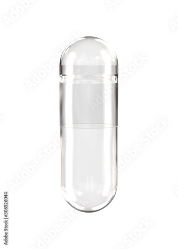 Empty Transparent Medicine Capsule Pill. Realistic 3D Mockup Isolated on White Background Close-Up. photo