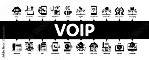 Voip Calling System Minimal Infographic Web Banner Vector. Server For Voice Ip And Cloud, Smartphone And Phone, Wifi Mark And Headphones Concept Illustrations