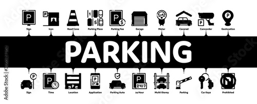 Parking Car Minimal Infographic Web Banner Vector. Garage And Parking Mark, Video Camera And Automatic Barrier, Vehicle And Key Concept Illustrations