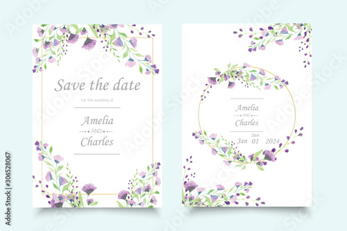 Set of wedding invitation card with watercolor flower template with text