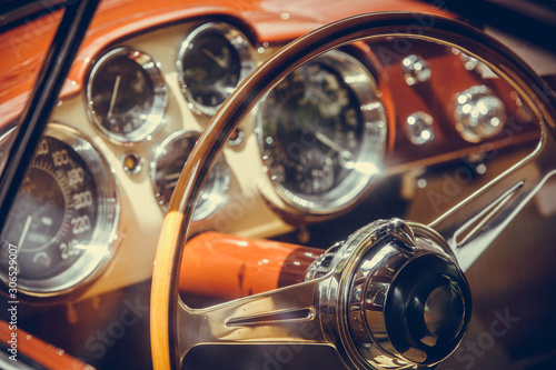 Wooden steering wheel of an old classic car