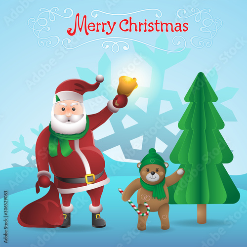 Santa Claus with a bell and a Teddy bear isolated on background. Vector image
